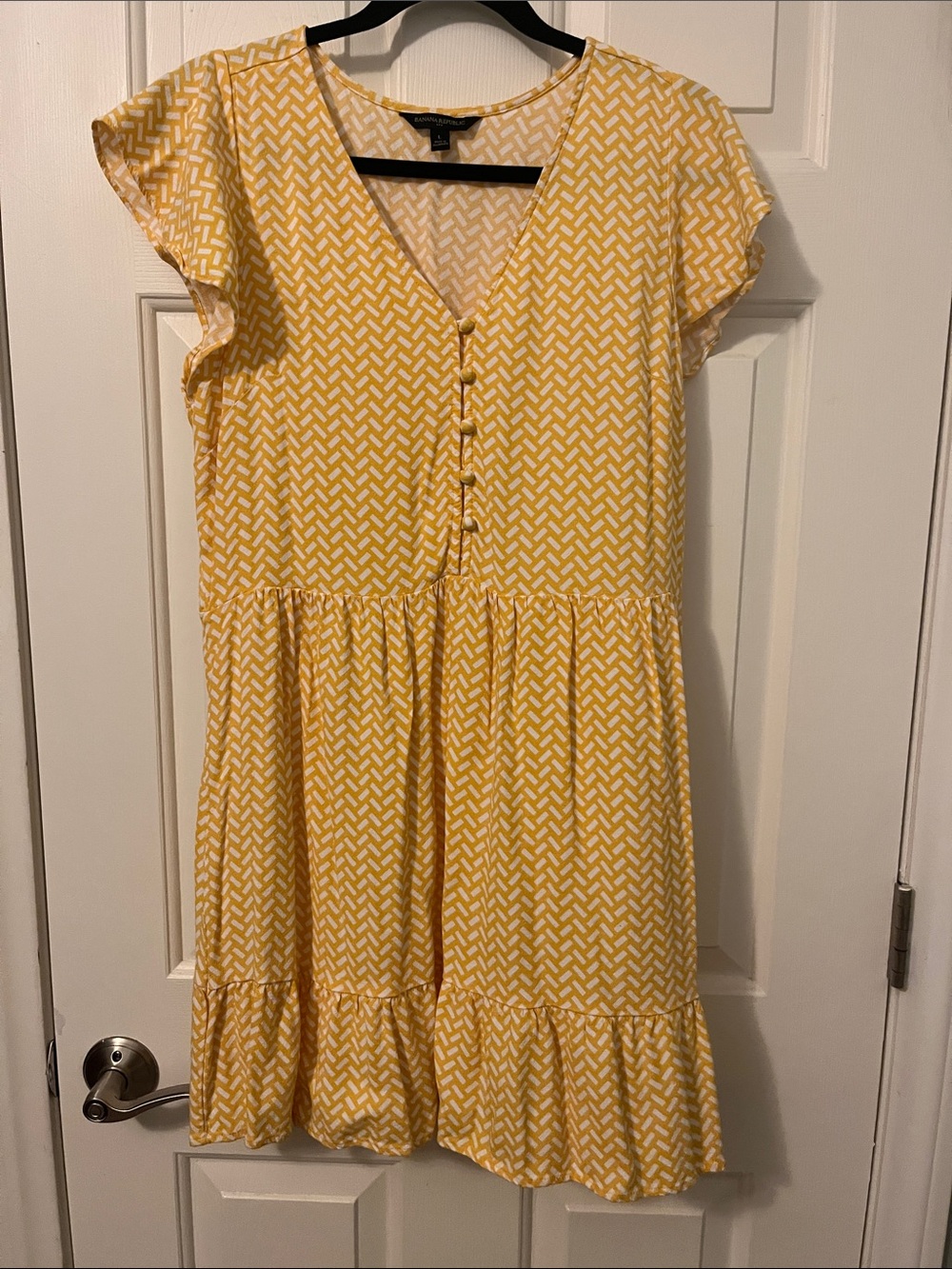 Banana Republic Yellow Patterned V-Neck Mini Dress